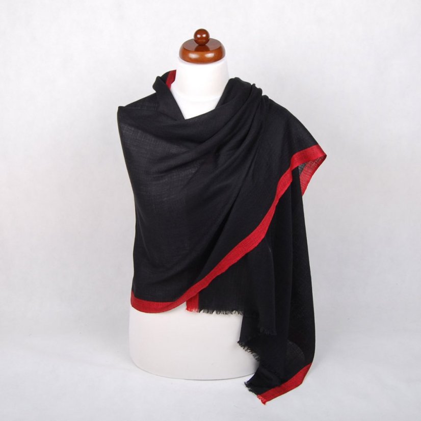 Kašmírská vlněná pašmína exclusive s hedvábím černá s červenou