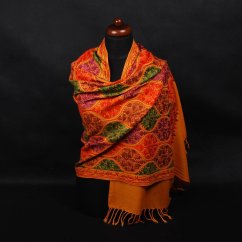 Kašmírská vlněná šála Jate M tmavě žlutá s výšivkou s oranžovou