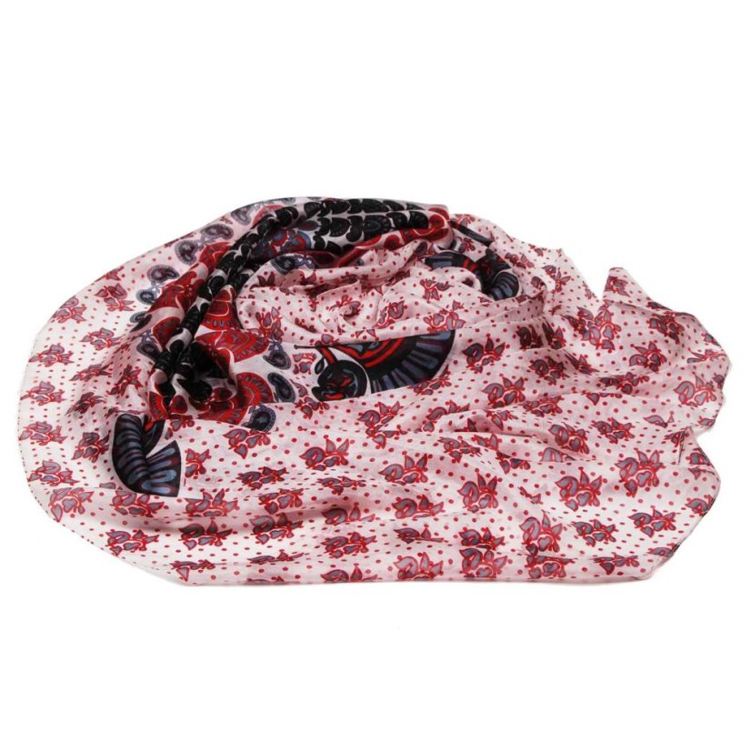 Hedvábná šála s potiskem velká bílo-tmavě červeno-černá