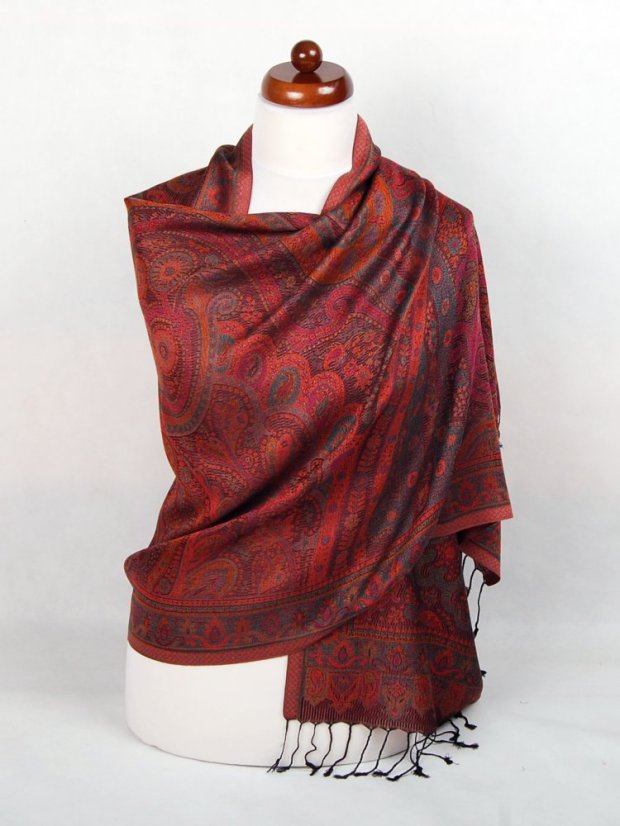 Schal aus Viskose und Seide schwarz mit Magenta und Dunkelgrün