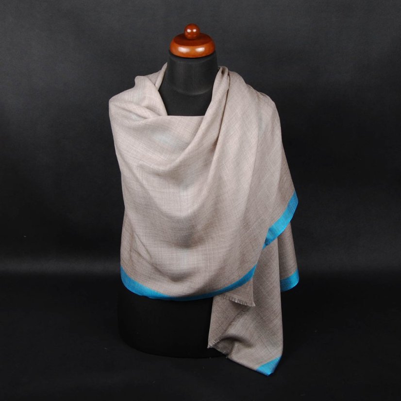 Kašmírská vlněná pašmína exclusive s hedvábím šedohnědá se světle modrou