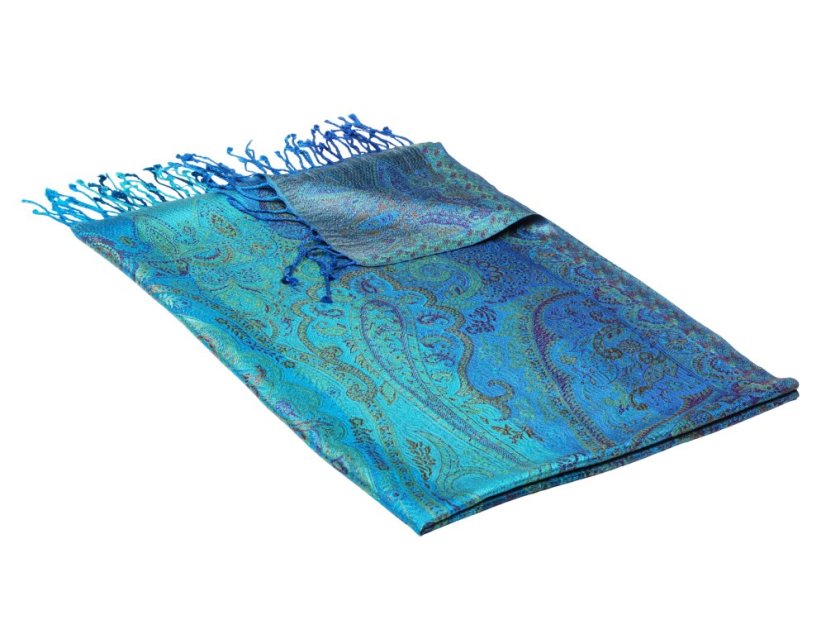Hodvábny šál Super veľký Ornament modro-fialovo-tyrkysový