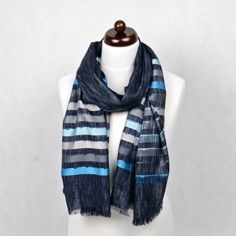 Šál z viskózy a hodvábu s pruhmi tmavošedý s šedou a tyrkysovou farbou