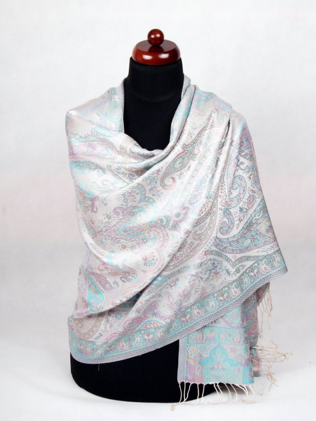 Seidenschal Super groß cremefarben-türkis