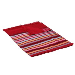 Šál z viskózy a hodvábu s pruhmi červený so svetlotyrkysovou a zlatou farbou