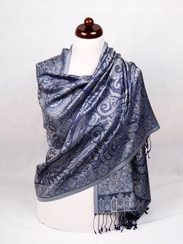 Hedvábná šála Super velká tmavě modro-stříbrná