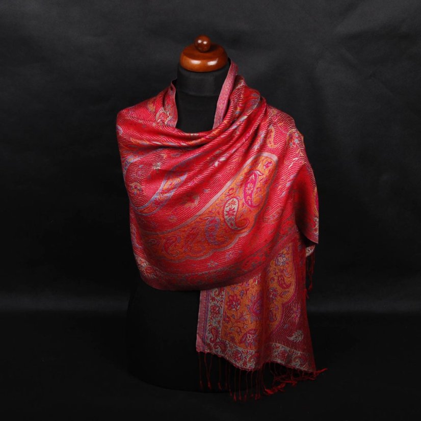 Hodvábny šál Super stredný červený s magentou a žltou farbou