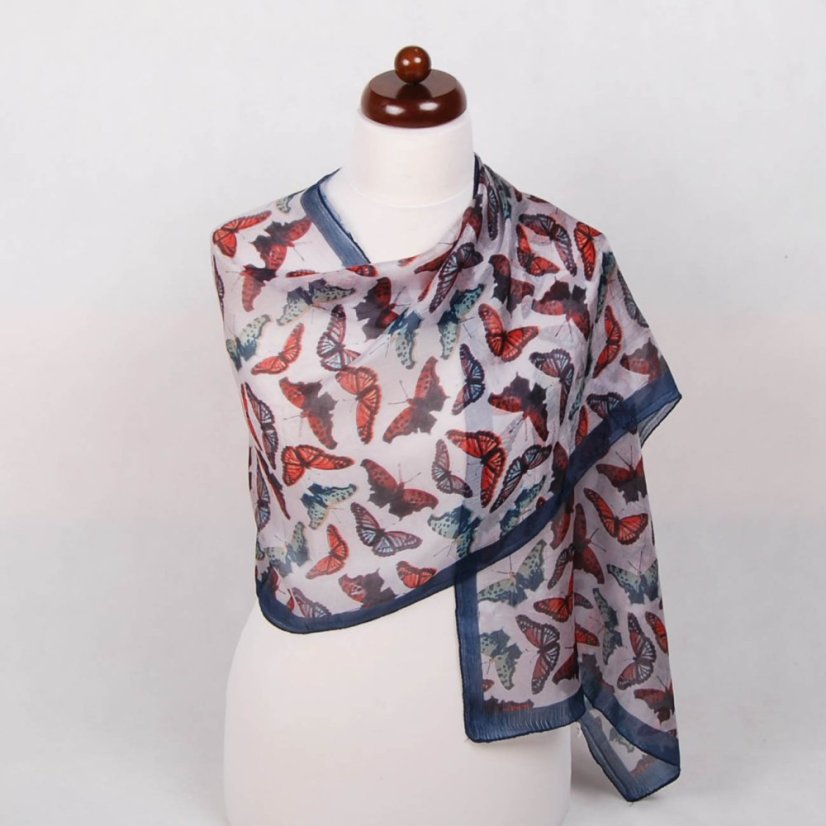 Seidenschal mit Aufdruck mit Schmetterlingen hellgrau-rot-dunkelblau