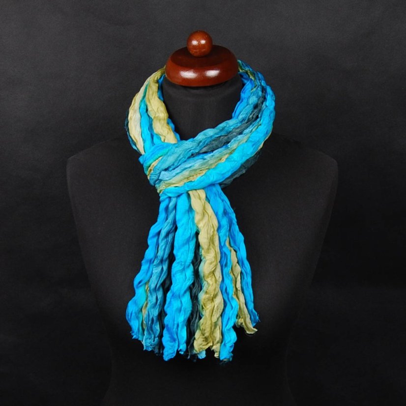 Seiden-Knitterschal türkis mit Grüngelb und Schwarz