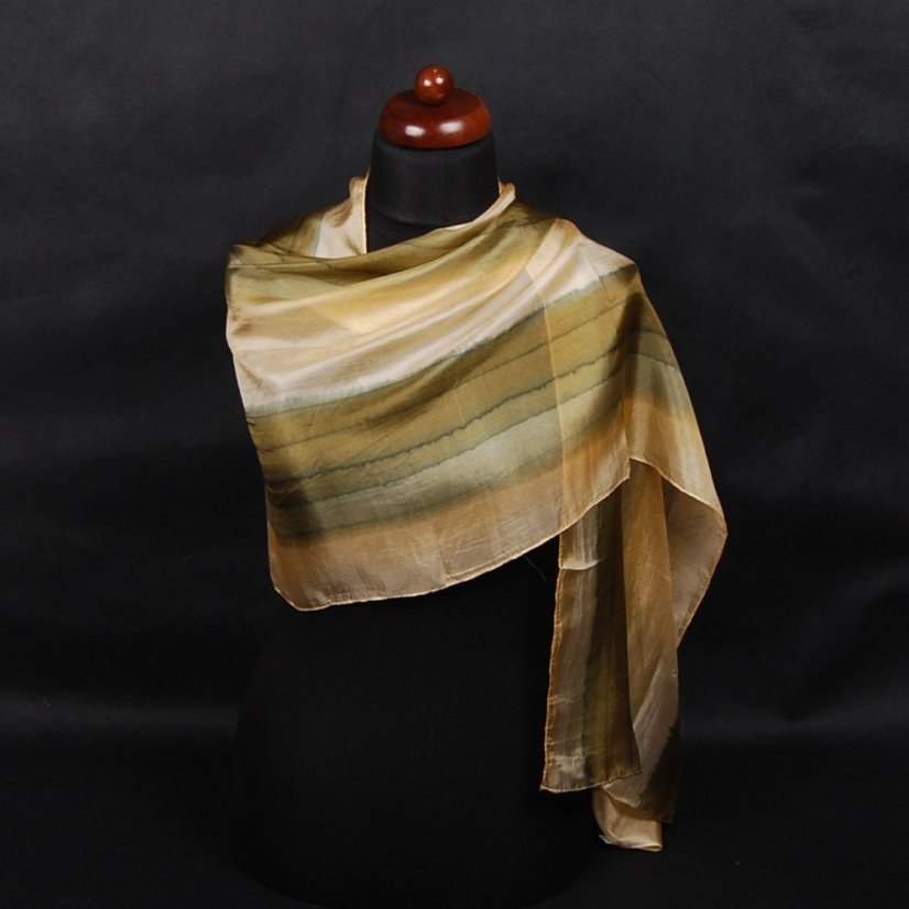 Handgemalter Seidenschal goldfarben mit Khaki
