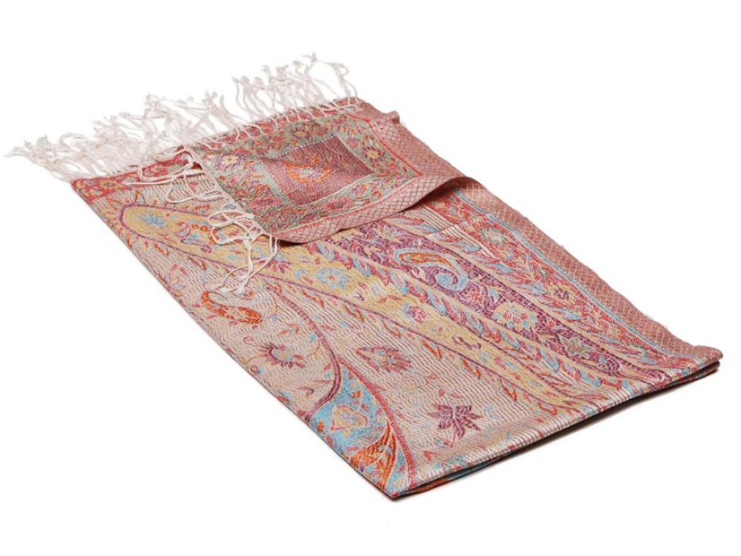 Hodvábny šál Super stredný Tsering smotanový s červenou a svetlomodrou farbou