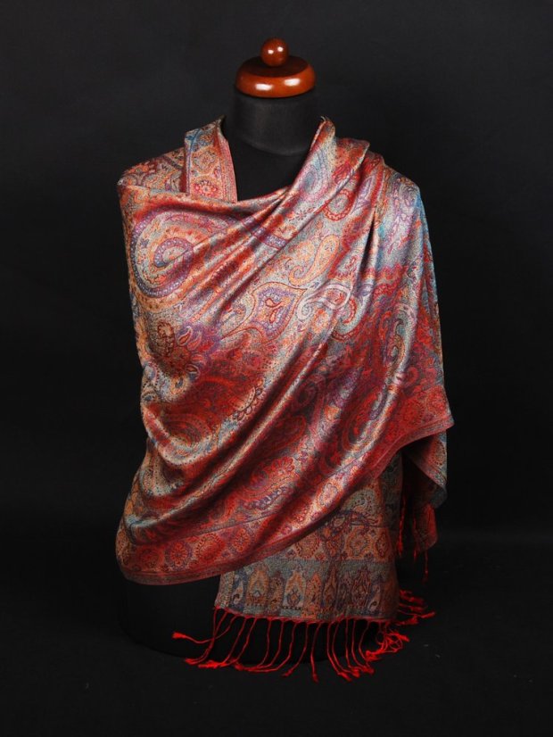 Šála z viskózy a hedvábí červená se světle modrou