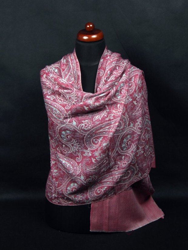 Kašmírska vlnená pašmína Khani Jamavar exclusive s tmavoružovou farbou