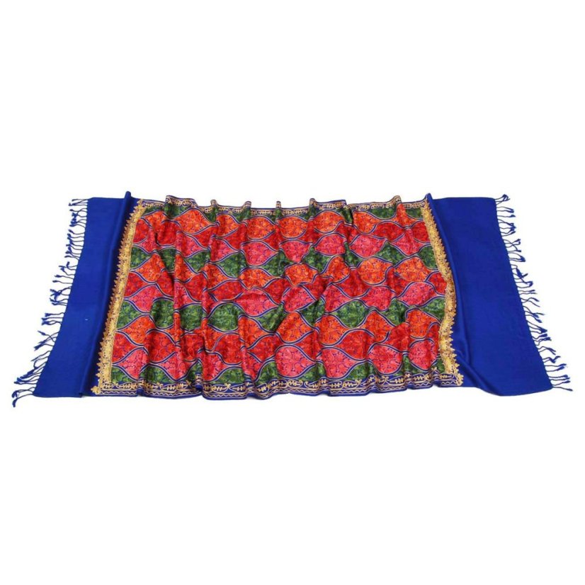 Kašmírsky vlnený šál Jate M modrý s výšivkou so zlatou a červenou farbou