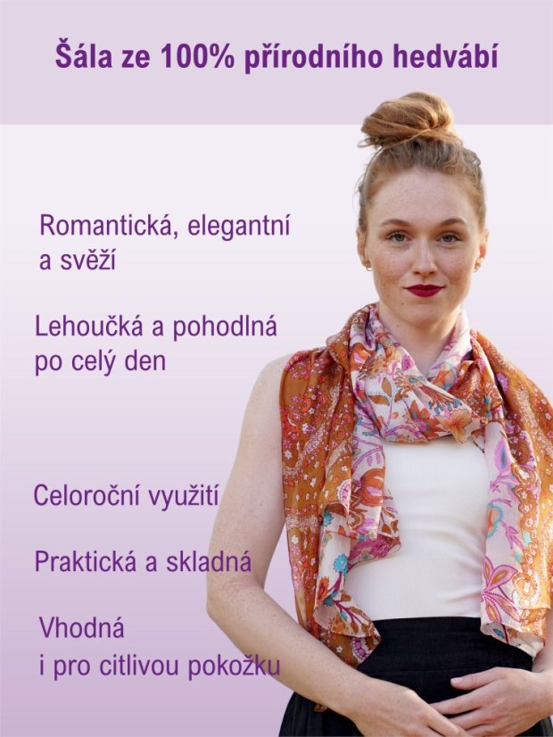 Velká hedvábná šála s květinovým vzorem bílá s hnědou a fialovou