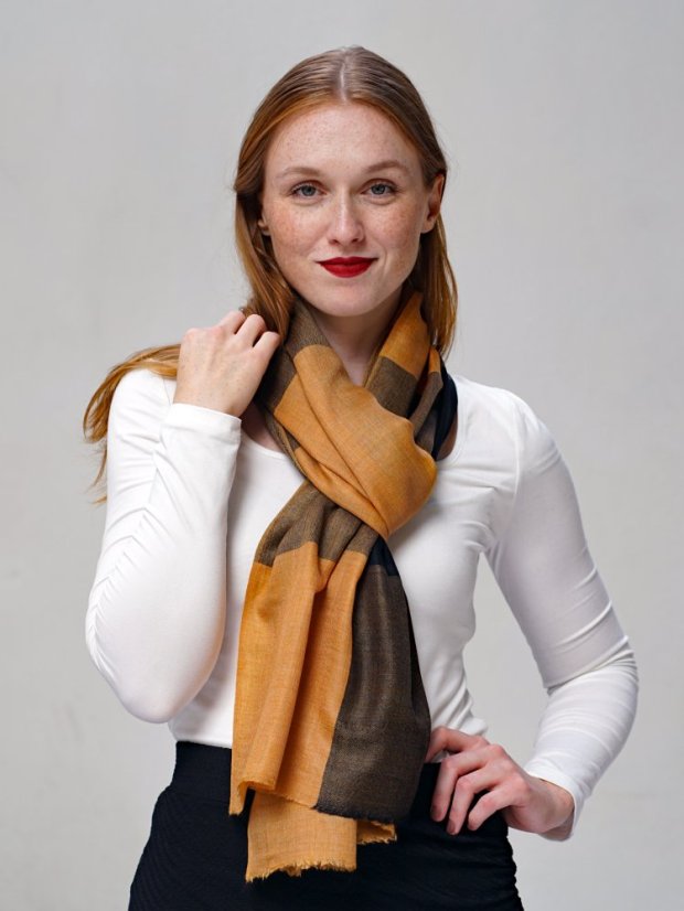 Kaschmirische Pashmina exklusiv kariert goldfarben-schwarz