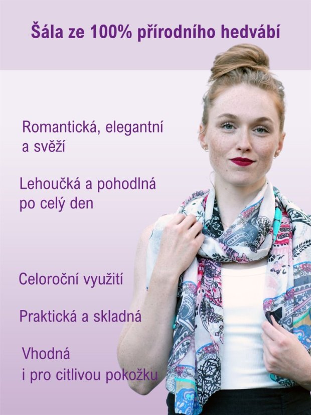 Velká hedvábná šála s květinovým vzorem bílá s černou a červenou