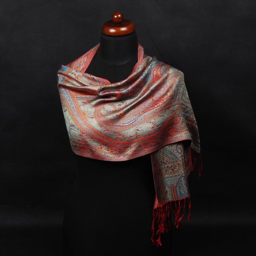 Seidenschal Super Dekyi rot mit Türkis