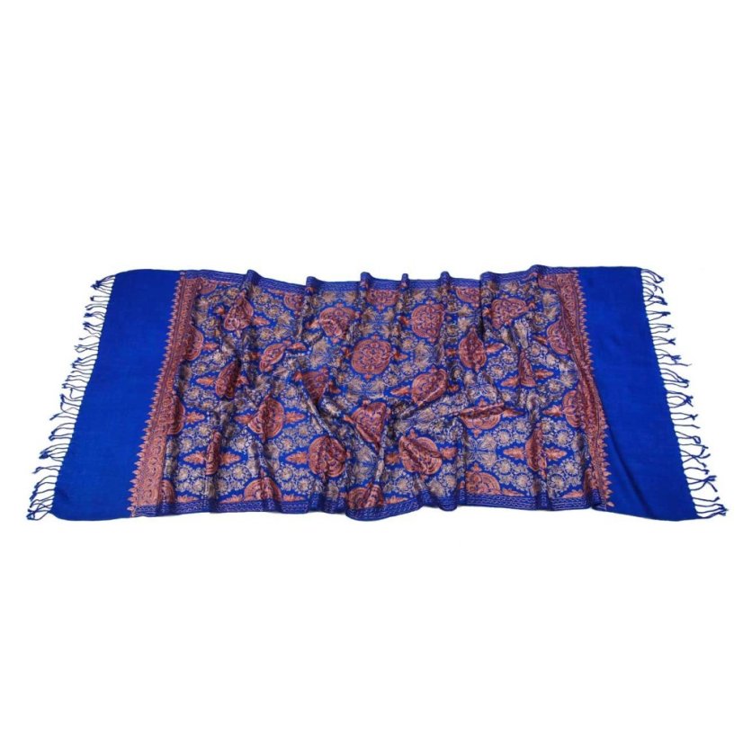 Kašmírská vlněná šála vyšívaná hedvábím modrá s hnědou