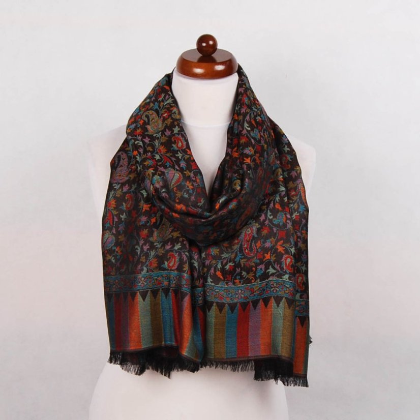 Šála z viskózy a hedvábí Khani Jamavar černá s červenou a tyrkysovou