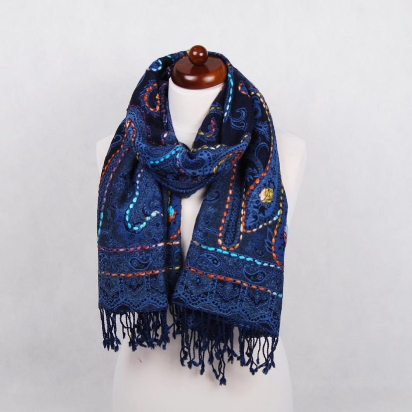 Schal aus Merinowolle handgestickt Tsewang dunkelblau