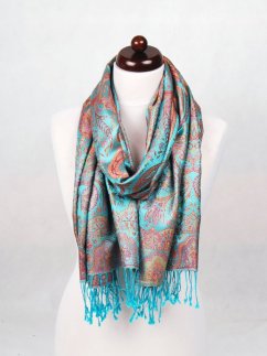 Hodvábny šál Super veľký tyrkysový s červenou a ružovou farbou