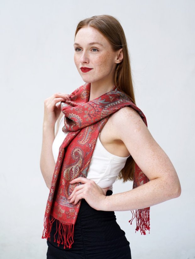 Hedvábná šála Super Tenzin červená s tyrkysovou