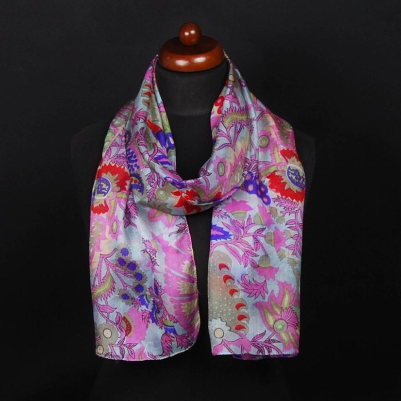 Hodvábny šál s potlačou šedomodrý s ružovou farbou