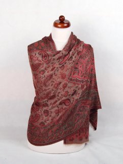 Kašmírská vlněná pašmína Khani Jamavar exclusive červeno-šedohnědá