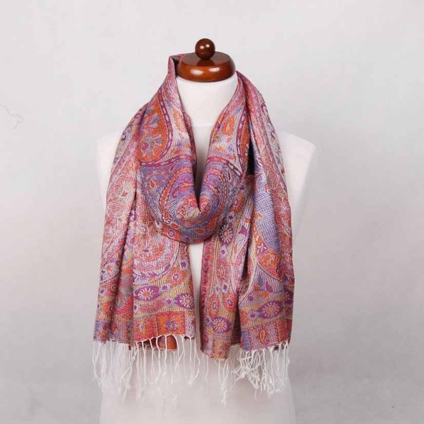 Šála z viskózy a hedvábí červeno-tmavě modro-bílá