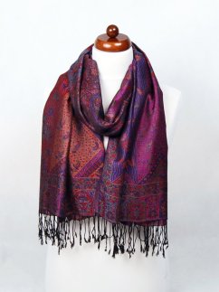 Schal aus Viskose und Seide Wangmo schwarz mit Rot und Dunkelblau