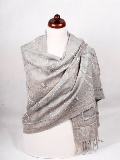 Šála z merino vlny s vyšíváním šedá s šedohnědou