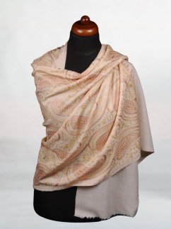 Kašmírská vlněná šála vyšívaná hedvábím světle béžová se zlatou a světle hnědou