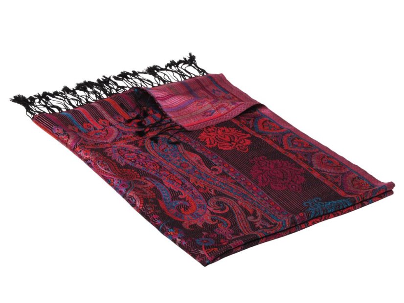 Hodvábny šál Super veľký Tsewang čierny s magentou a oranžovou