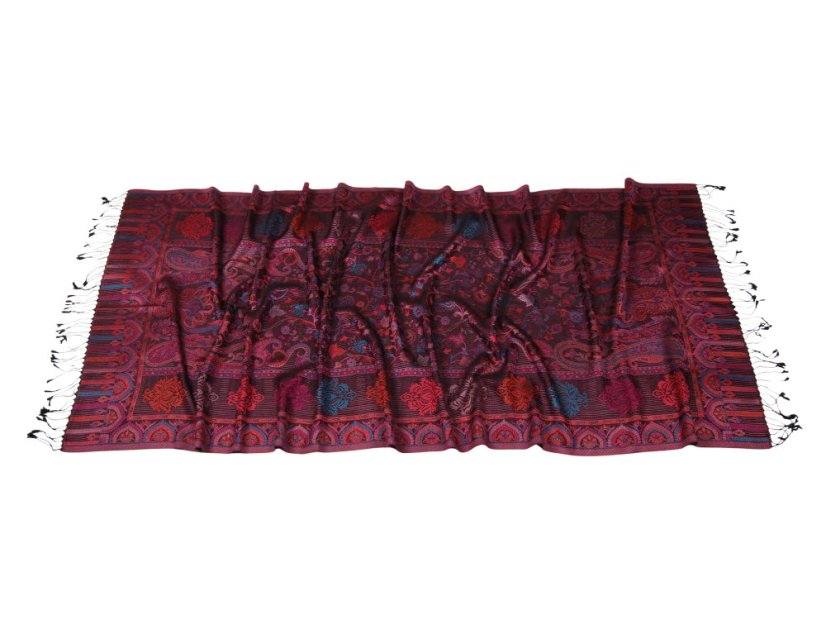 Hodvábny šál Super veľký Tsewang čierny s magentou a oranžovou