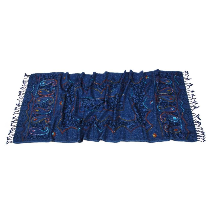 Schal aus Merinowolle handgestickt dunkelblau mit Blau