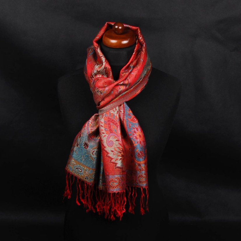 Seidenschal Super mittelgroß Tashi rot mit Hellblau