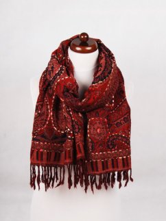 Šála z merino vlny s vyšíváním tmavě červená s černou