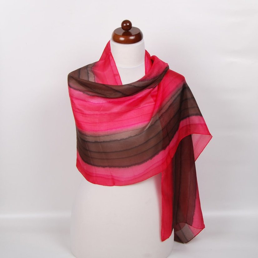 Hedvábná malovaná šála růžovo-tmavě hnědá