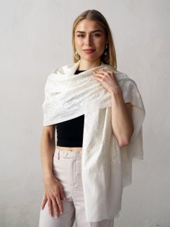 Kašmírsky vlnený šál vyšívaný hodvábom smotanový