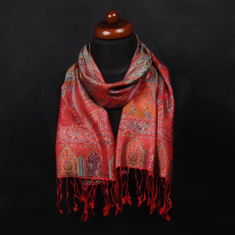 Seidenschal Super Dekyi rot mit Türkis