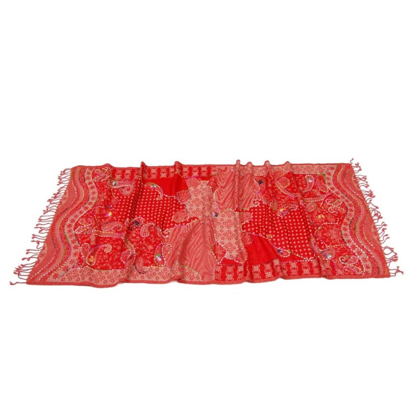 Schal aus Merinowolle handgestickt Ornament rot-beige