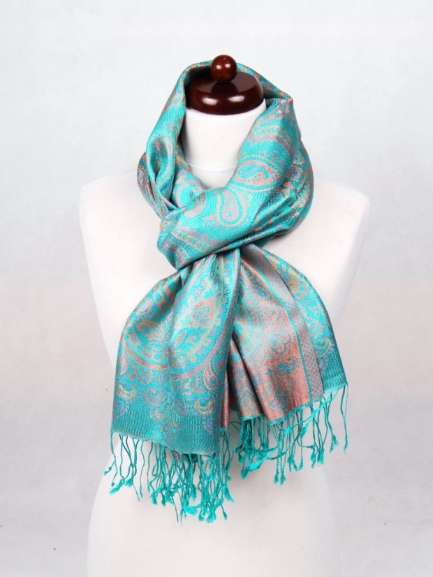 Hedvábná šála Super velká tyrkysovozelená s růžovou