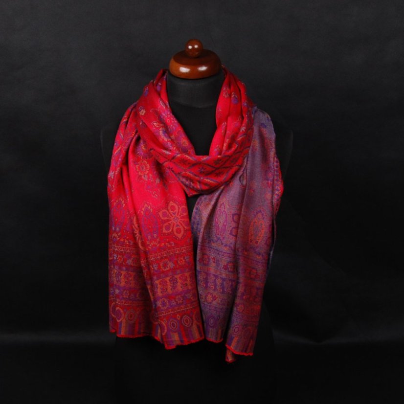Šála z viskózy a hedvábí Khani Jamavar Metok červená s tmavě modrou