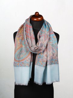 Kašmírská vlněná pašmína Khani Jamavar exclusive Kalsang se světle modrou a tyrkysovou