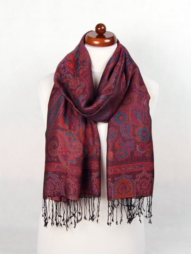 Schal aus Viskose und Seide Lhamo schwarz mit Magenta und Orange