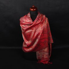 Hedvábná šála Super velká červená se žlutou a světle modrou