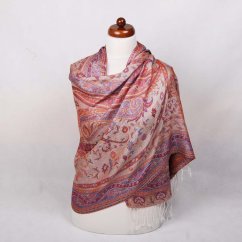 Šála z viskózy a hedvábí bílá s červenou a tmavě modrou