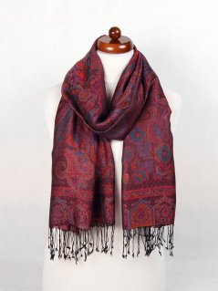 Šála z viskózy a hedvábí Lhamo černá s magentou a oranžovou