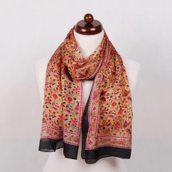 Hodvábny šál s potlačou svetlooranžový s červenou a čiernou farbou